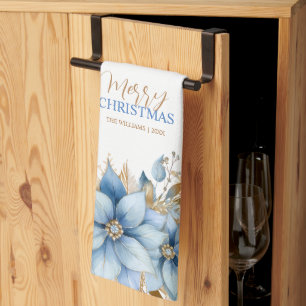Linge De Cuisine Fleur Icy Blue Gold Poinsettia Noël