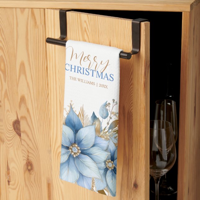 Linge De Cuisine Fleur Icy Blue Gold Poinsettia Noël (Pliage en tiers)
