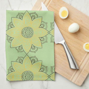 Linge De Cuisine Fleur Mandala Vert & Jaune