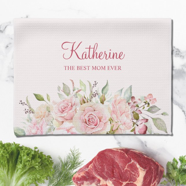 Linge De Cuisine Fleur Rose Pastel Floral La Meilleure Maman Jamais (In situ)