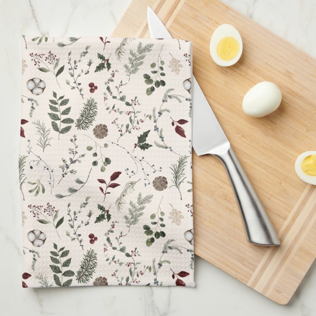 Linge De Cuisine Fleur sauvage moderne Aquarelle Motif de Noël (Quart Plié)