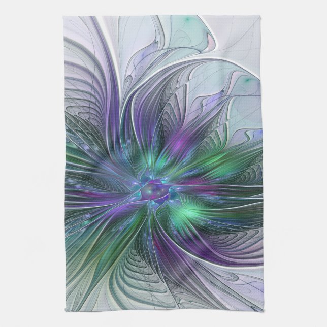 Linge De Cuisine Fleur vert violet Art Abstrait moderne Fractal (Vertical)