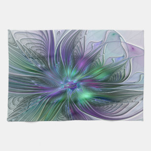 Linge De Cuisine Fleur verte abstraite moderne d'art fractal violet