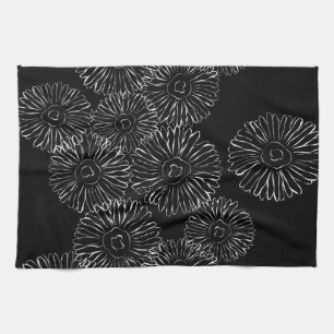 Linge De Cuisine Fleurs abstraites de printemps noir et blanc