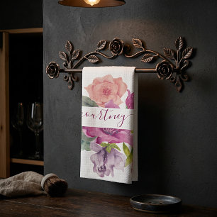 Linge De Cuisine Fleurs aquarelles rose et pêche personnalisées