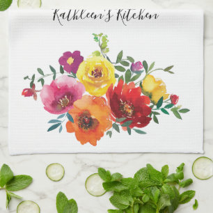 Linge De Cuisine Fleurs aquarelles rose jaune rouge personnalisées 