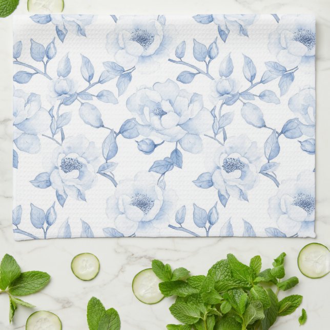 Linge De Cuisine Fleurs Blanches Bleues Jolies et Élégantes (Plié)