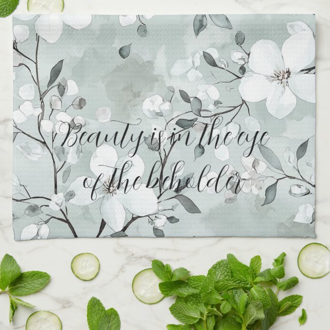 Linge De Cuisine Fleurs blanches gris chic (Plié)