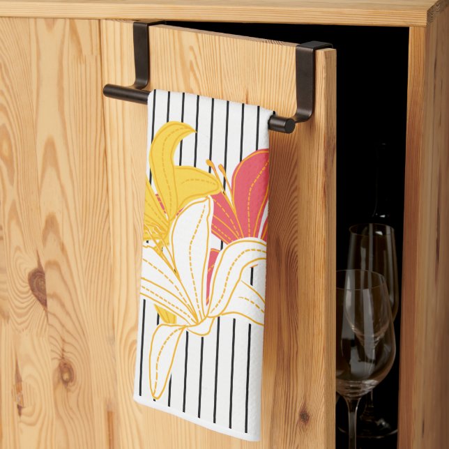Linge De Cuisine Fleurs blanches jaunes orange sur bandes blanches  (Pliage en tiers)