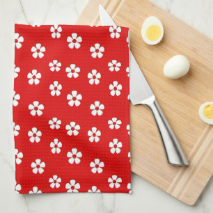 Linge De Cuisine Fleurs blanches mignonnes sur rouge