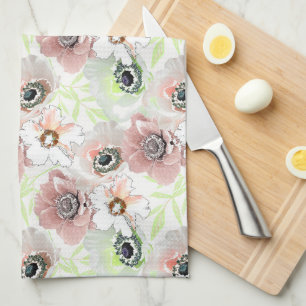 Linge De Cuisine Fleurs blanches, roses.
