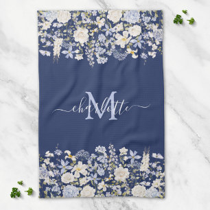 Linge De Cuisine Fleurs Bleues Aquarelle Monogramme Floral Élégant