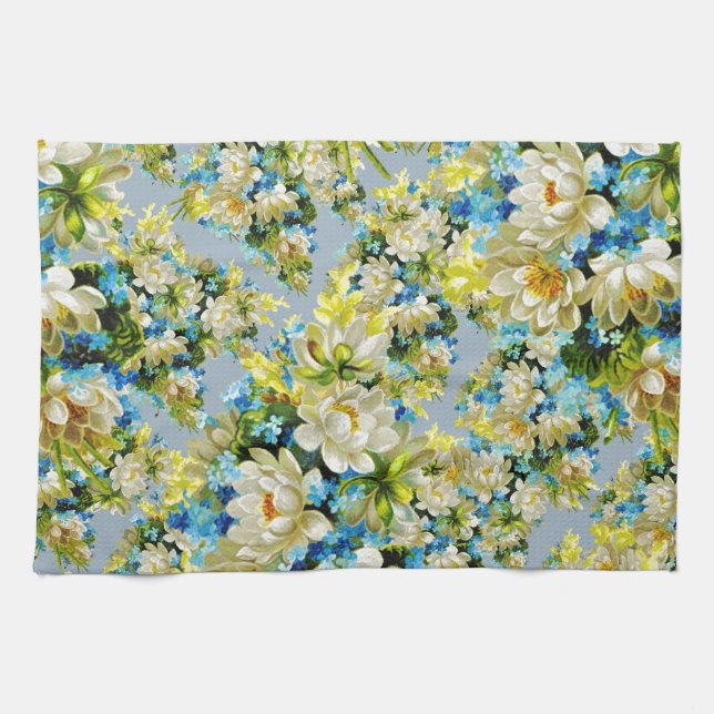 Linge De Cuisine Fleurs Bleues Et Jaunes Blanches (Horizontal)