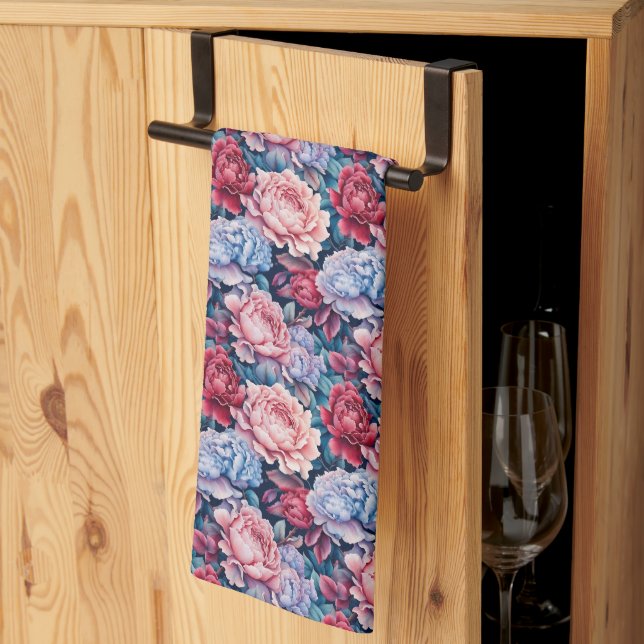Linge De Cuisine Fleurs bleues et roses (Pliage en tiers)