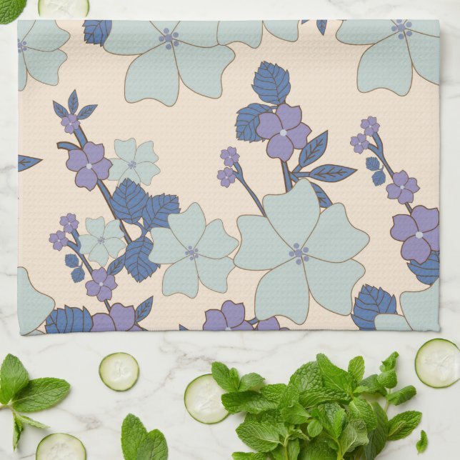 Linge De Cuisine Fleurs Bleues, Fleurs Violettes, Motif Floral (Plié)