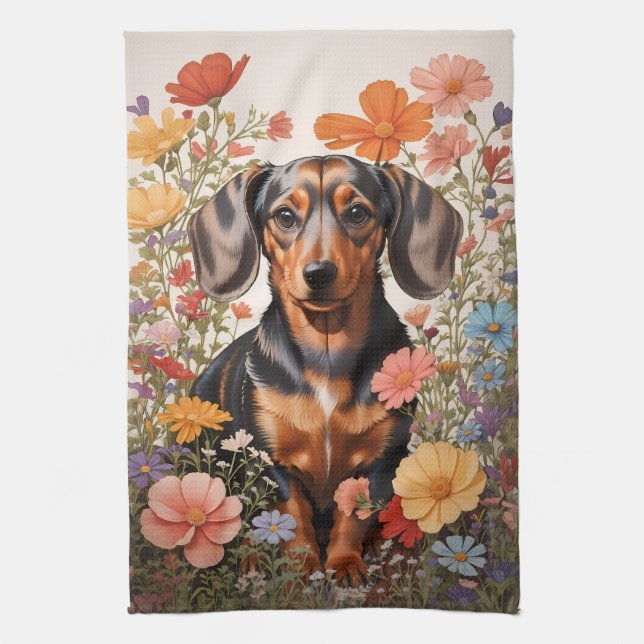 Linge De Cuisine Fleurs Brown De Dachshund Et Cosmos (Vertical)