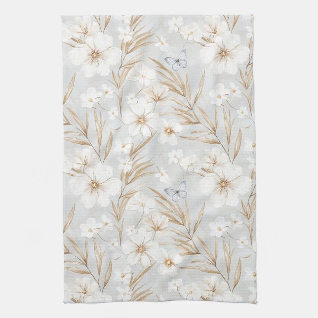 Linge De Cuisine Fleurs Crème Blanche Papillons Bleus Baby Shower d (Vertical)