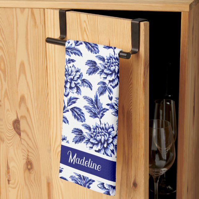 Linge De Cuisine Fleurs Dahlia Bleues et Blanches Toile de Jouy (Pliage en tiers)