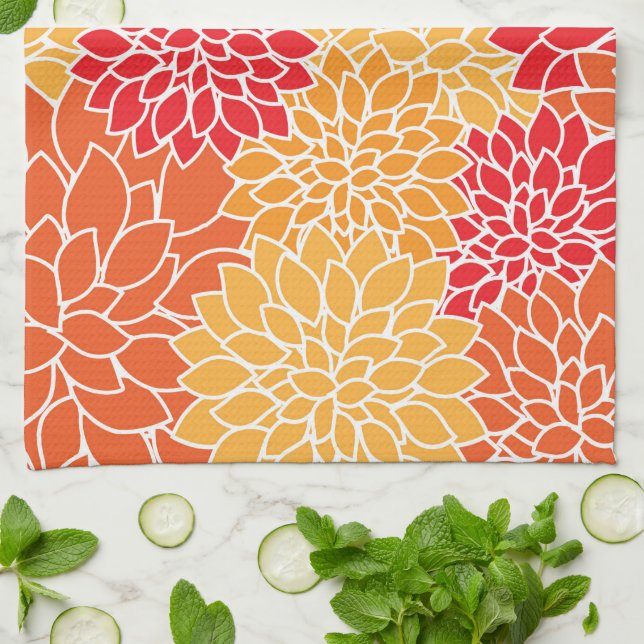Linge De Cuisine Fleurs Dahlia, Motif De Fleurs, Dahlia Orange (Plié)