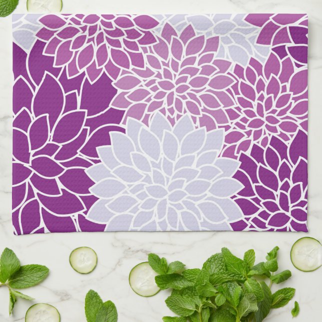 Linge De Cuisine Fleurs Dahlia, Motif De Fleurs, Dahlia Violet (Plié)