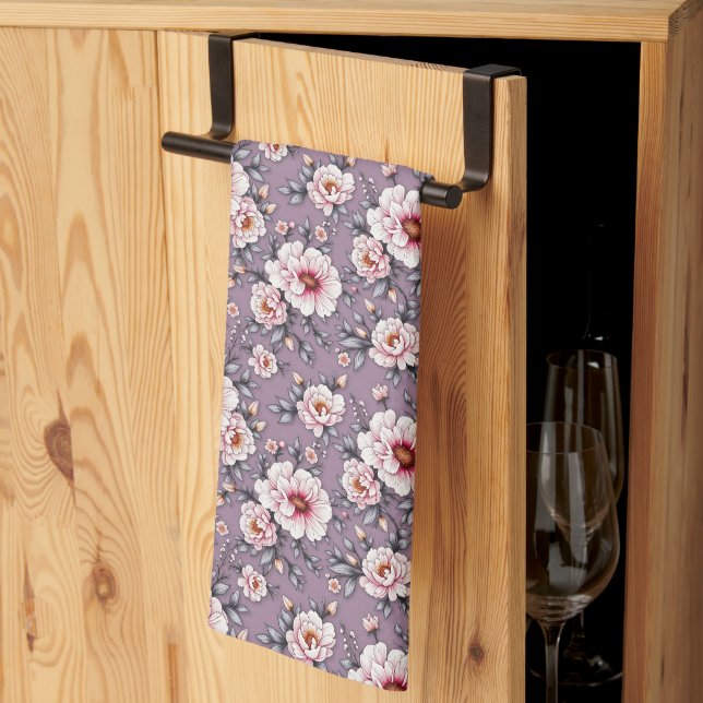 Linge De Cuisine Fleurs d'albâtre sur Dusty Lavender (Pliage en tiers)