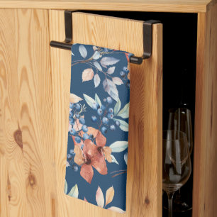 Linge De Cuisine Fleurs d'aquarelle et baies sur bleu marine