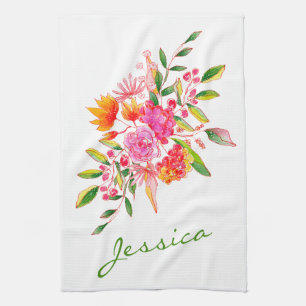 Linge De Cuisine Fleurs d'aquarelle rose mignonne Nom personnalisé