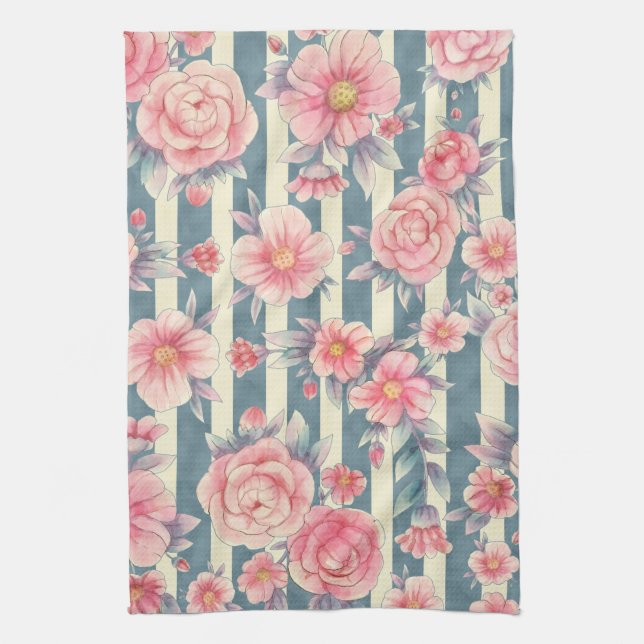 Linge De Cuisine Fleurs d'aquarelle rose sur bandes (Vertical)