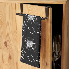 Linge De Cuisine Fleurs d'art Abstraites en ligne blanche sur noir