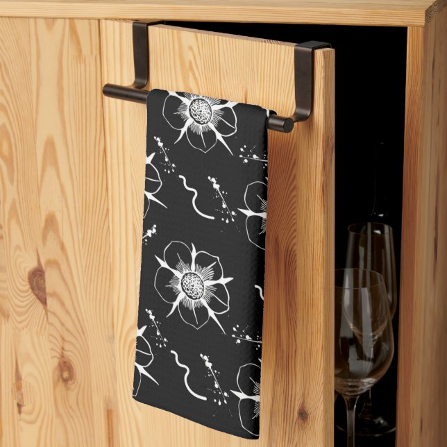 Linge De Cuisine Fleurs d'art Abstraites en ligne blanche sur noir (Pliage en tiers)