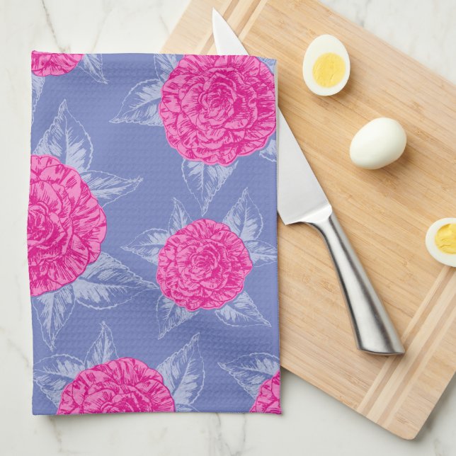 Linge De Cuisine Fleurs de Camellia et croquis à encre feuille bleu (Quart Plié)