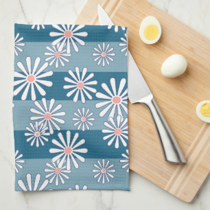 Linge De Cuisine Fleurs de camomille blanches sur fond bleu rayé