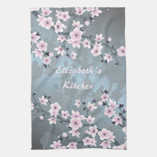 Linge De Cuisine Fleurs de cerisier rose grisâtre bleuâtre