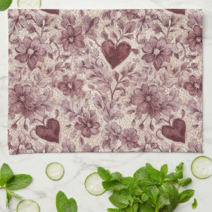 Linge De Cuisine Fleurs de coeurs rouges de Bourgogne à la crème