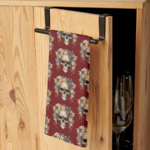 Linge De Cuisine Fleurs de Crâne Motif Bourgogne Halloween