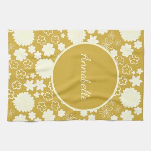 Linge De Cuisine Fleurs de crème dorée Gras Motif Floral Nommé