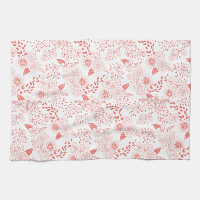Linge De Cuisine Fleurs de gribouillis dans le corail vivant (Horizontal)