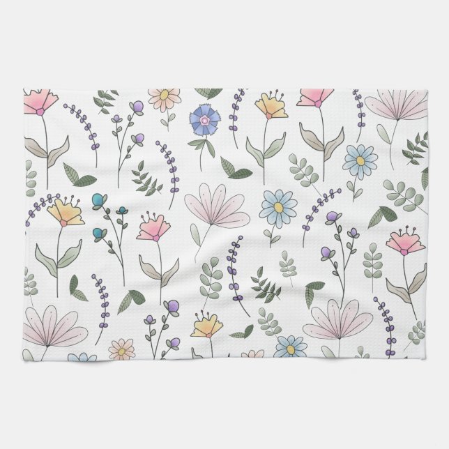 Linge De Cuisine Fleurs de gribouillis d'aquarelle printanière (Horizontal)