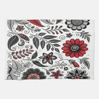 Linge De Cuisine Fleurs de gribouillis et feuilles en rouge et noir