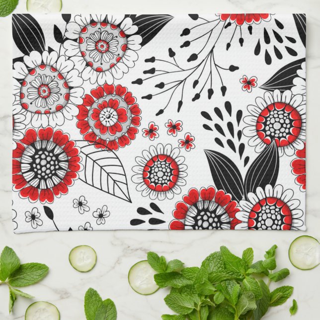 Linge De Cuisine Fleurs de gribouillis et feuilles en rouge et noir (Plié)