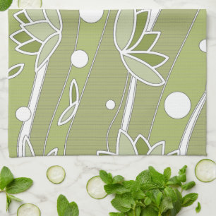 Linge De Cuisine Fleurs de lotus vert sur bandes d'olivier