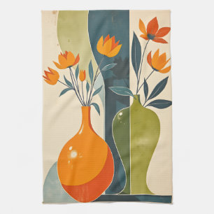 Linge De Cuisine Fleurs de milieu de siècle Bleu fumé Vert olive Ci