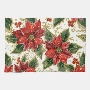 Linge De Cuisine Fleurs de Noël Rouge Poinsettia