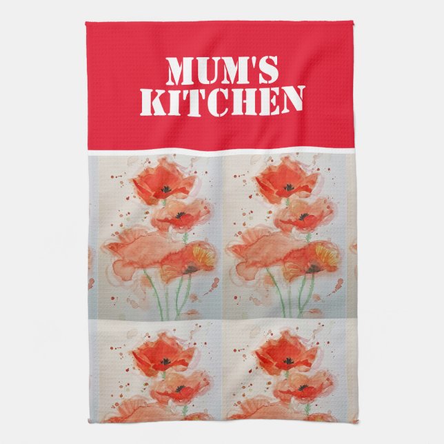 Linge De Cuisine Fleurs de pavot rouge Poppies Aquarelle florale (Vertical)