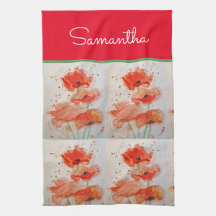 Linge De Cuisine Fleurs de pavot rouge Poppies Aquarelle florale 
