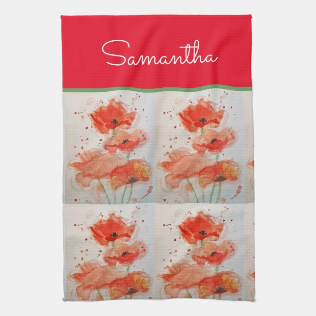 Linge De Cuisine Fleurs de pavot rouge Poppies Aquarelle florale  (Vertical)