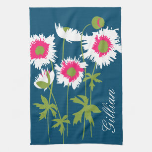 Linge De Cuisine Fleurs de pavots graphiques en blanc rose bleu