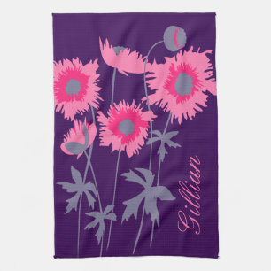 Linge De Cuisine Fleurs de pavots graphiques en gris rose et violet