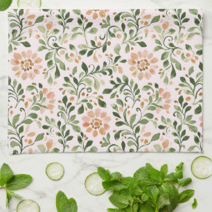 Linge De Cuisine Fleurs de Pêche Rose Feuilles Vertes