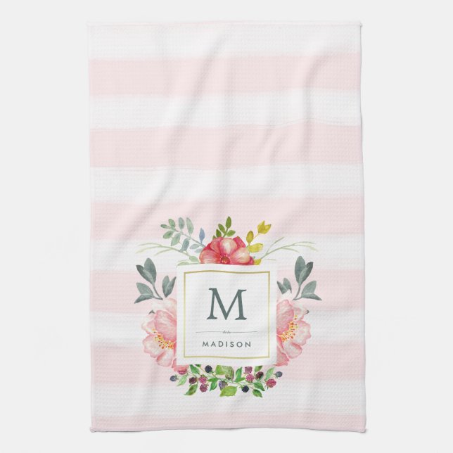 Linge De Cuisine Fleurs de pivoine d'aquarelle avec le monogramme (Vertical)